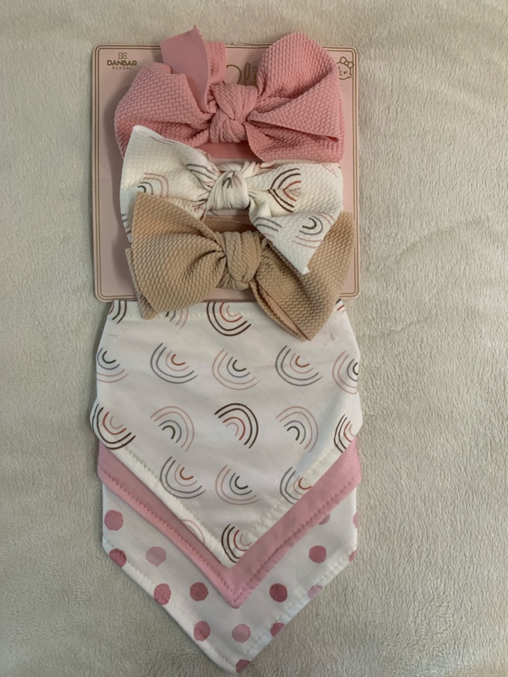 Girls Pink, White & Tan Bow Headband and Bandana Bib Set